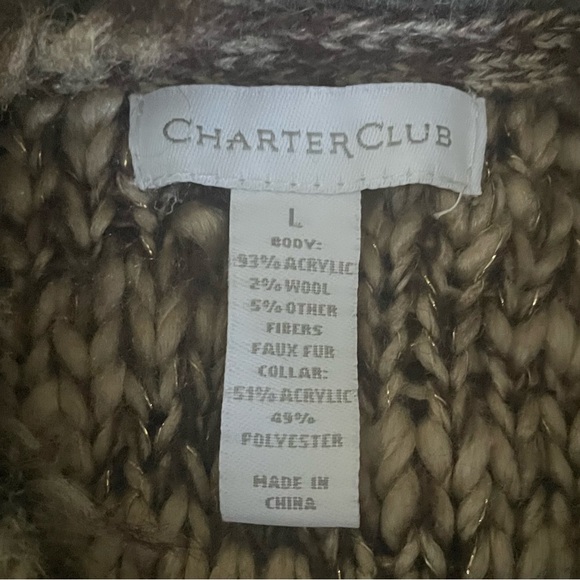 Charter Club Brown Wool Faux Fur Zip Sweater Vest Women's Size L - Picture 6 of 7